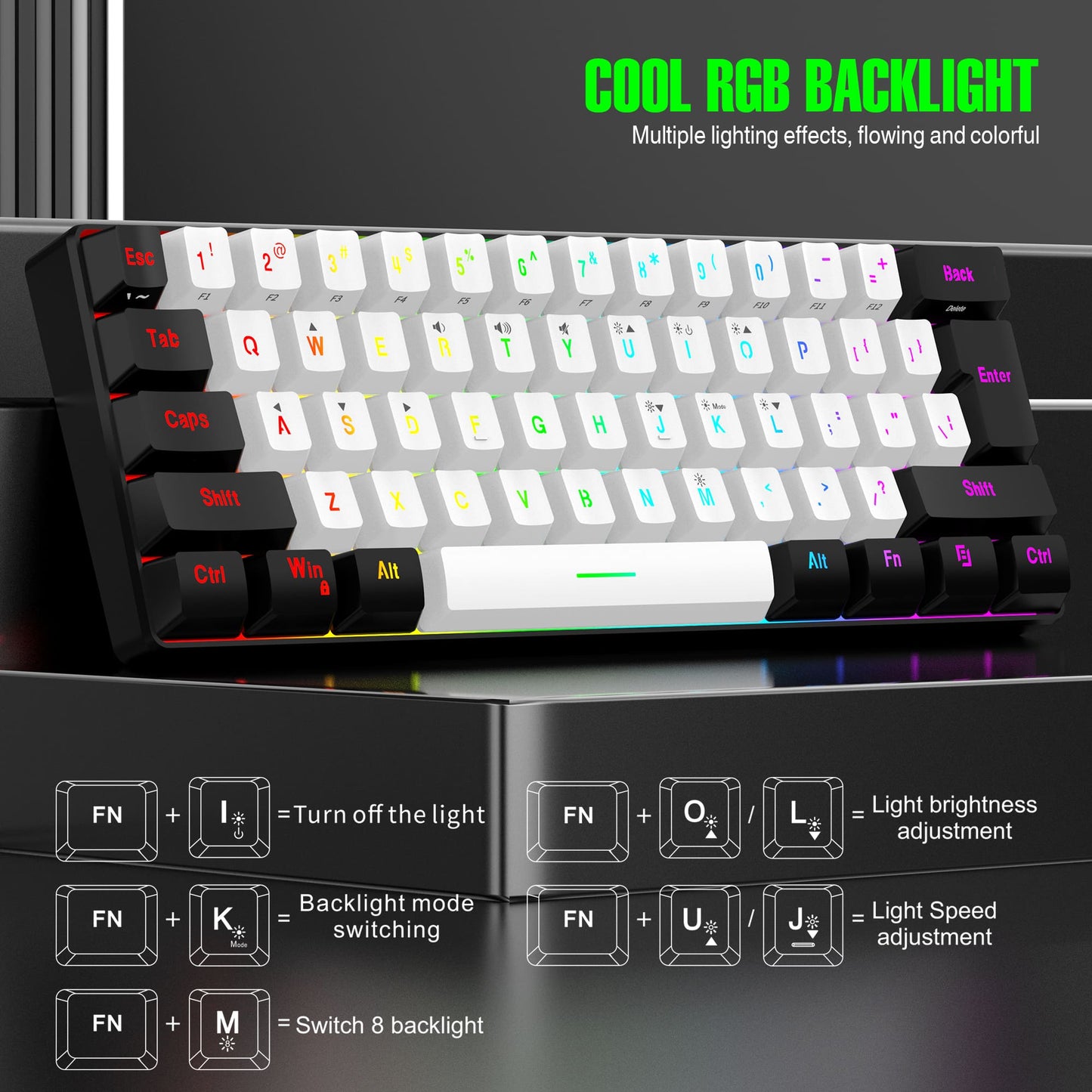 60% Gaming Keyboard with RGB Backlight, Compact mini light up keyboard for PC Mac Laptop, Suit for Typing and Gaming (Black-61)